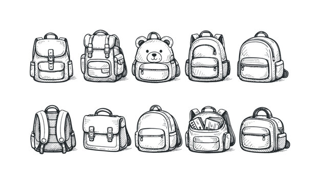 Backpack doodle icon set. Hand-drawn schoolbag sketch, outline vector collection