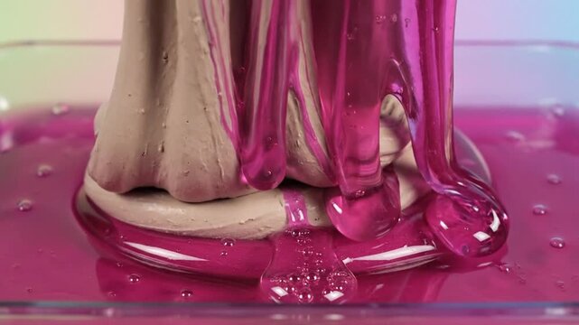 Close-up of Viscous Pink Slime Dripping Onto Tan Slime.
