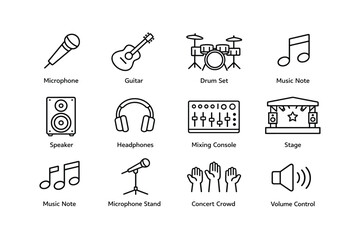 Fototapeta premium Music gear icons: microphone, guitar, drum set, music note, and more