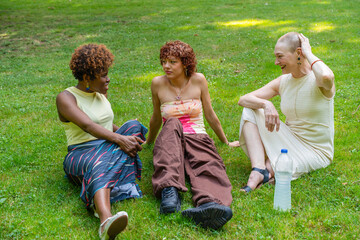 Diverse women conversing and relaxing on green grass