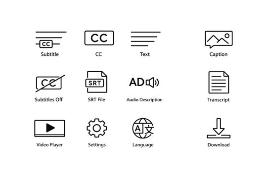 Accessibility icons set: captions, subtitles, transcript, language, download
