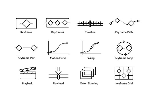 Animation icons: keyframes, timeline, motion curve, easing, playback