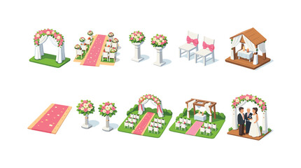 Obraz premium Wedding ceremony 3d icon set. Decor, celebration, marriage symbols collection