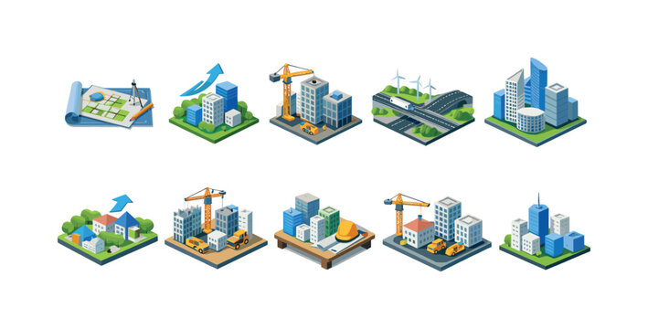 Urban planning 3d icon set. City development, construction icons collection