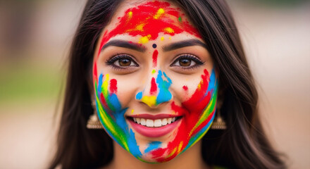 Obraz premium Holi Festival Explosion of colorful powder (gulal), happy faces covered in colors, water guns, indian festival.