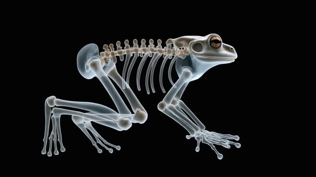 An X ray view of a frog skeleton shows its bones in a ready pose
