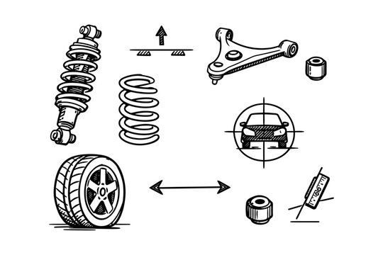 Automotive suspension components diagram: shock absorber, coil spring, control arm, tire