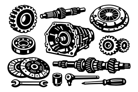 Detailed black and white mechanical parts and tools illustration for engineering