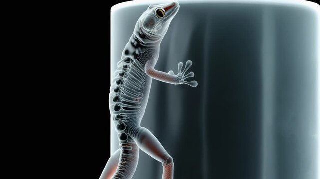A transparent gecko clings to a surface revealing its intricate internal skeleton