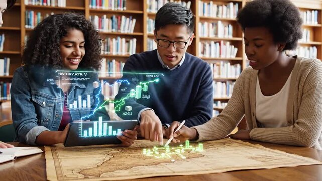 Diverse students examine a map with augmented reality graphics in a library. Discussing data