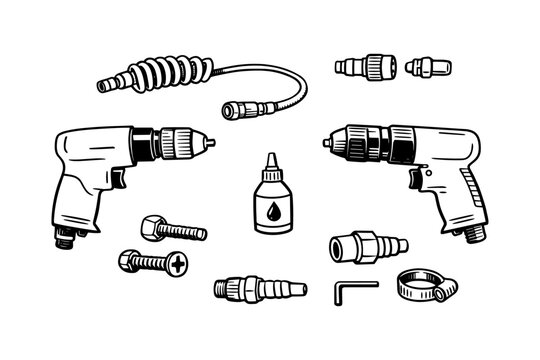 Collection of pneumatic tools and accessories featuring drills and connectors