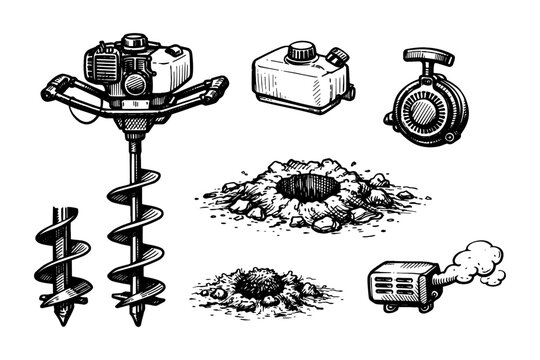 Hand-drawn earth auger and equipment for ground drilling projects