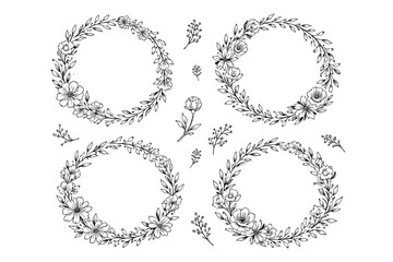 Obraz premium Elegant floral wreath designs with intricate leaf patterns and blooms