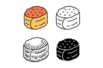 Gunkan maki sushi japanese food icon element collection with colorful, outline, solid, engraved style for restaurant, eatery, culinary. Sea urchin roe, Uni gunkan, Uramaki. Vector illustration. © salzcreative