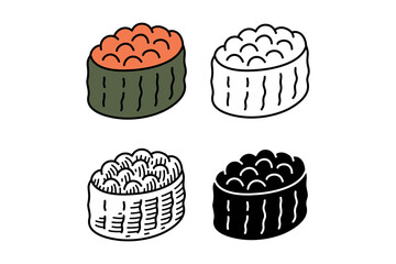 Tobiko sushi, Fish roe gunakan, Maki sushi icon element collection with colorful, line art, solid, hand drawn style for restaurant, eatery, culinary. Japanese asian food. Vector illustration © salzcreative
