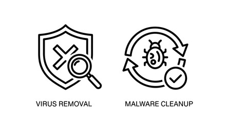 Obraz premium Icons for virus removal with shield and magnifying glass, and malware cleanup with bug and circular arrows.