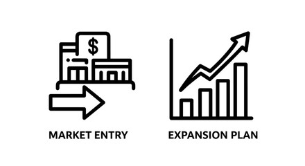 Fototapeta premium Icons for market entry and expansion plan, showing buildings with dollar sign and a rising bar graph.