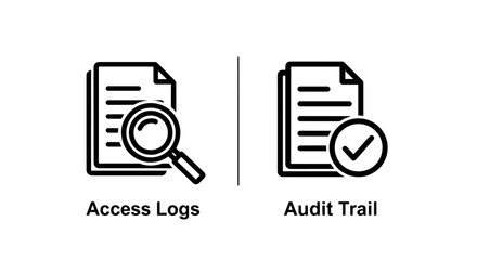 Icons for access logs and audit trail, showing document analysis and verification, essential for security and compliance © Raisul54