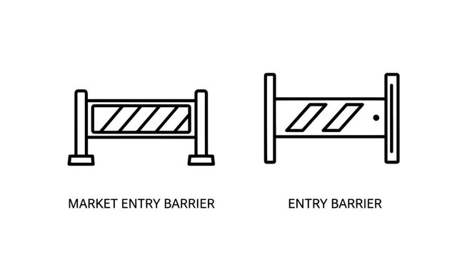 Icons representing market entry barrier and entry barrier, showing hurdles and obstacles for business.