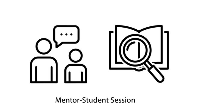 Mentor-Student Session icon showing communication and book with magnifying glass for learning, research, or education concept.