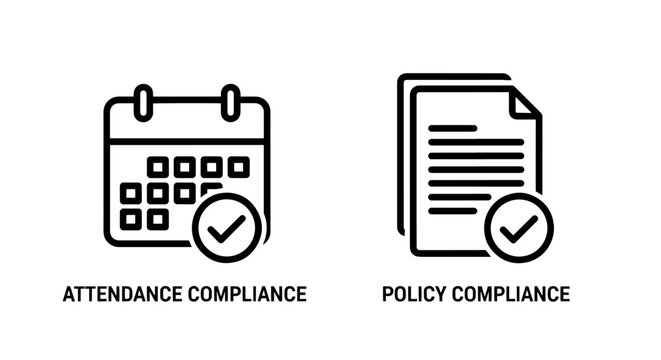 Attendance compliance icon with calendar and checkmark, and policy compliance icon with document and verified symbol for HR rules.