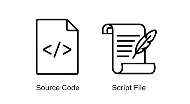 Source code icon with angle brackets and script file icon with feather quill pen for programming and writing content.