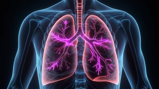 3D medical illustration of human lungs and internal bronchial tree