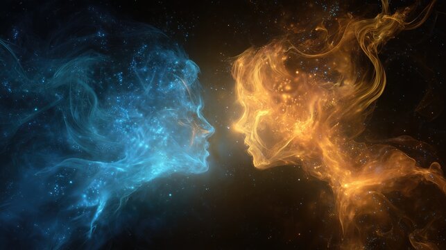 Business collaboration visualized through opposing yet complementary abstract profiles in fiery orange and cool blue.