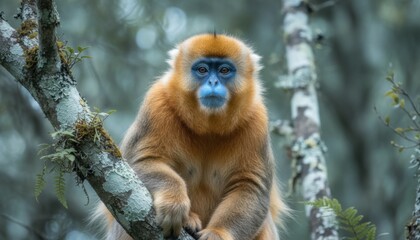 Obraz premium Vibrant Golden Snub-Nosed Monkey with Fur and Blue Face Sitting on Branch