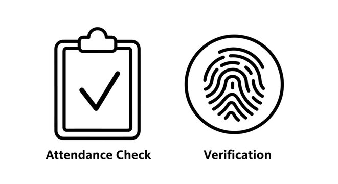 Icons representing Attendance Check and Verification, using checklist, tick mark, and fingerprint for security and access control.