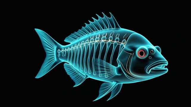 Glowing blue X ray illustration of a fish skeleton on black