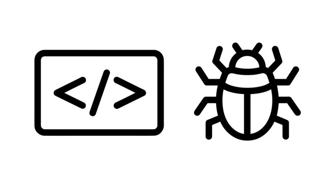 Code Syntax and Bug Icons: Programming, Debugging, and Software Development Issues in Outline Style