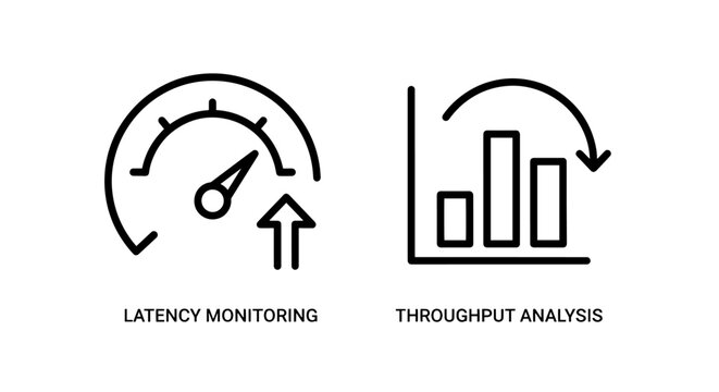 Latency Monitoring and Throughput Analysis Icons: Performance Metrics and Network Speed Concepts for Tech