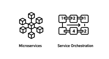Fototapeta premium Microservices and orchestration icons: A cluster of cubes representing microservices and connected blocks with numbers for service orchestration, symbolizing modern software architecture and workflow 