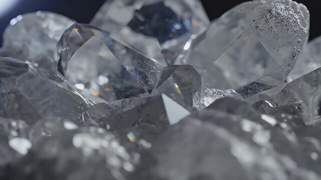 Close-up of multifaceted crystalline structures with light refraction