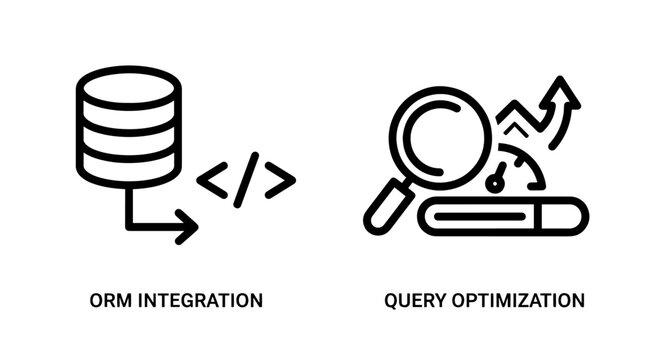 ORM integration and query optimization icons, representing software development database connectivity and performance enhancement with data and speed symbols.