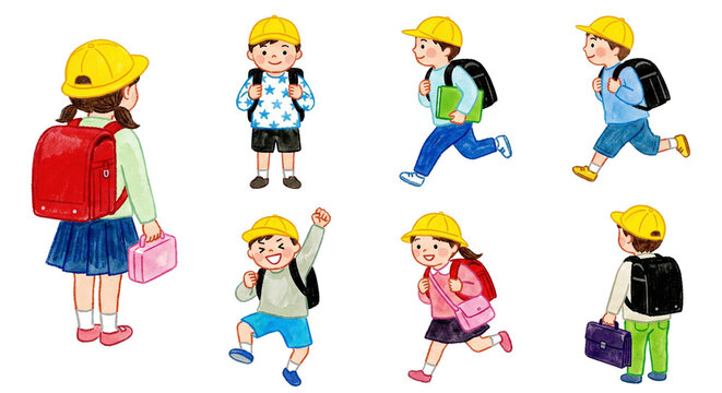 Happy children going to school with backpacks and lunchboxes
