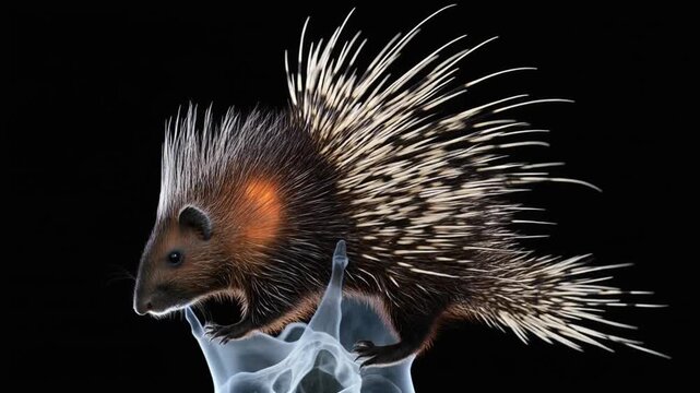 A porcupine with sharp quills stands on a translucent skeletal structure