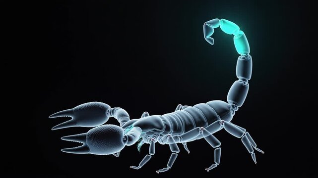 A digital X-ray style scorpion glows with vibrant blue light on a dark background