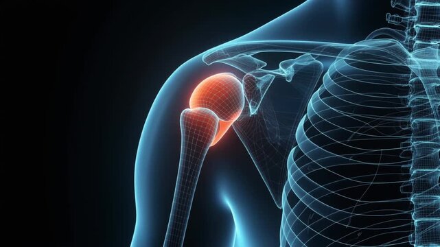 A 3D rendering showing painful human shoulder joint anatomy