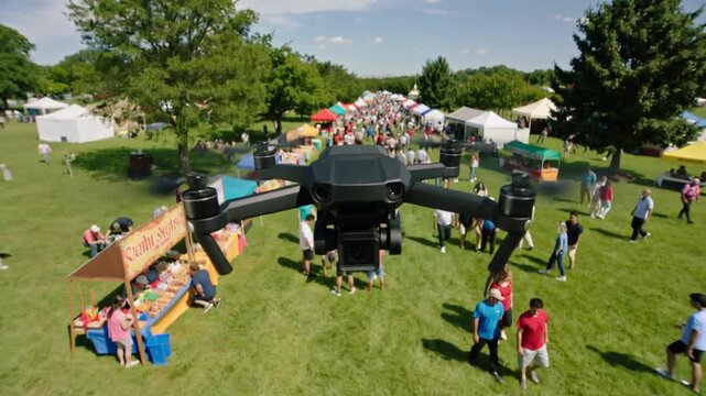 Festival en plein air avec sc&egrave;ne centrale et foule familiale