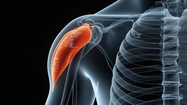 3D anatomical view showing human arm and shoulder muscles with skeletal overlay