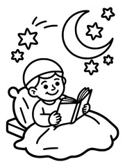 Muslim child happily reading a book in bed at night, bathed in warm lamplight, fostering imagination and education, peaceful bedtime story illustration.