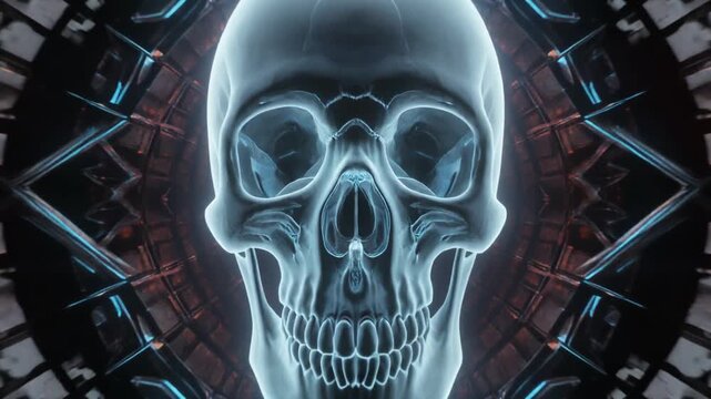 Translucent blue skull glowing in a futuristic dark tunnel with abstract orange and blue lights