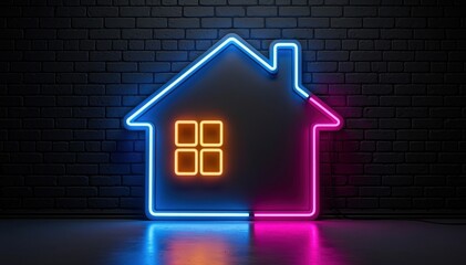 Fototapeta premium Neon House: A vibrant, neon-lit house against a dark brick wall, radiating modern allure and symbolizing the concept of home and property.