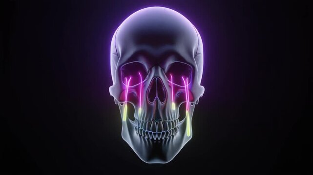 A dark skull with vibrant neon light streaming from its eye sockets and mouth