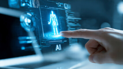 Fototapeta premium Human interaction with artificial intelligence, a hand touching a virtual human model on a futuristic interface, illustrating smart technology and digital innovation