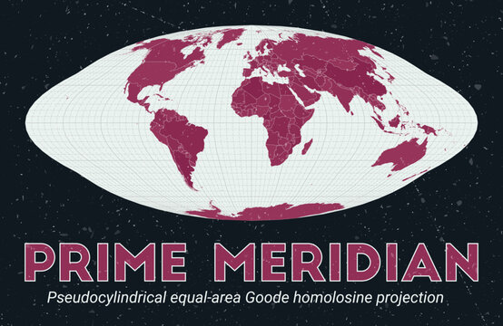 Prime Meridian. World map. Pseudocylindrical equal-area Goode homolosine projection centered to Prime Meridian. Pale Mint Dark Pink palette. Vintage texture. Captivating vector illustration.