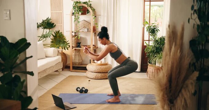 Fitness, squat and woman with laptop in house, virtual workout class and video tutorial for streaming. Legs training, online exercise subscription and person with pc for routine, balance and internet