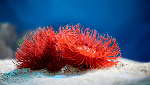 A Vibrant Red Sea Anemone On A Sandy Substrate With A Blurred Blue Background
